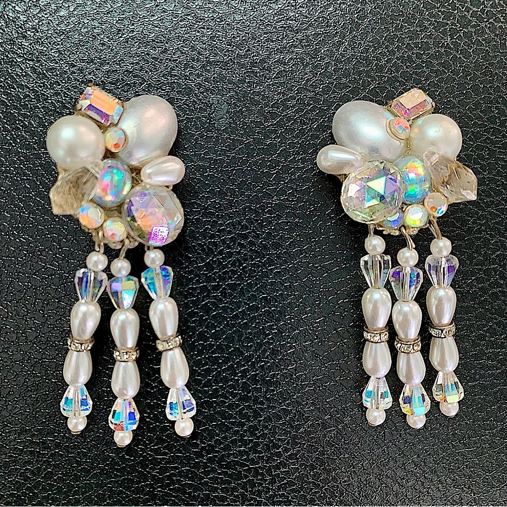 Handmade clip on VTG statement drop earrings faux pearls and Swarovski crystals